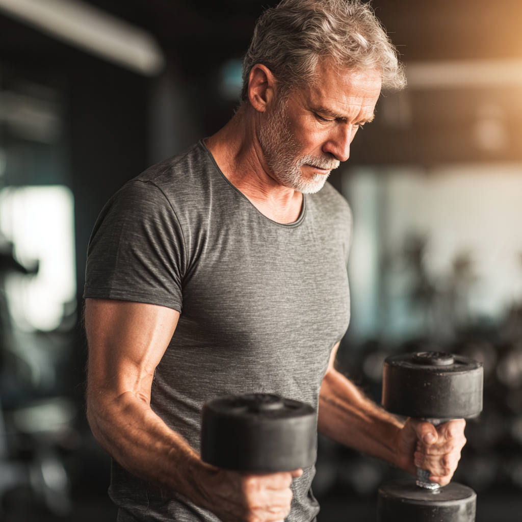 Middle-aged person exercising with dumbbells in modern gym