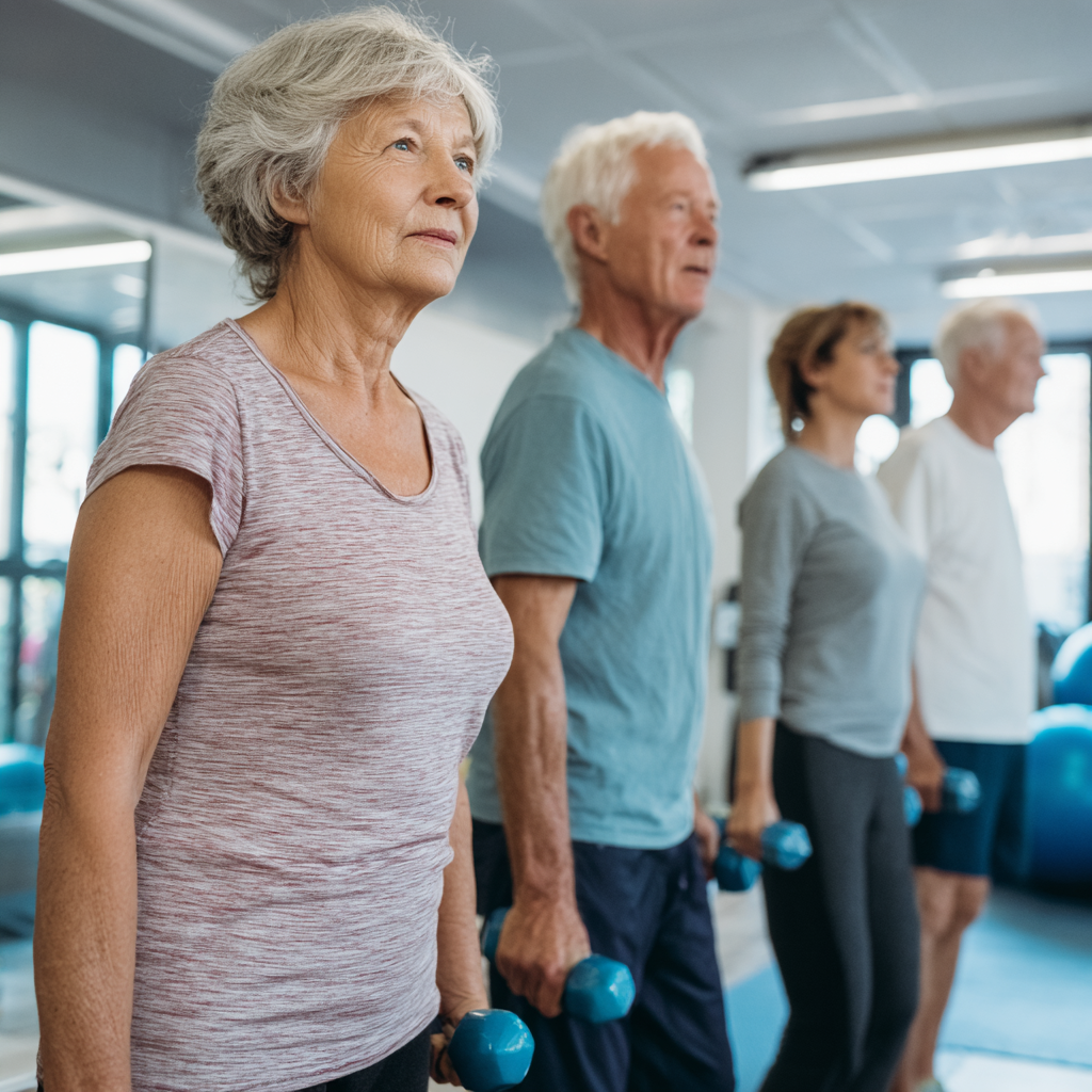 Senior adults doing functional exercises with trainer guidance